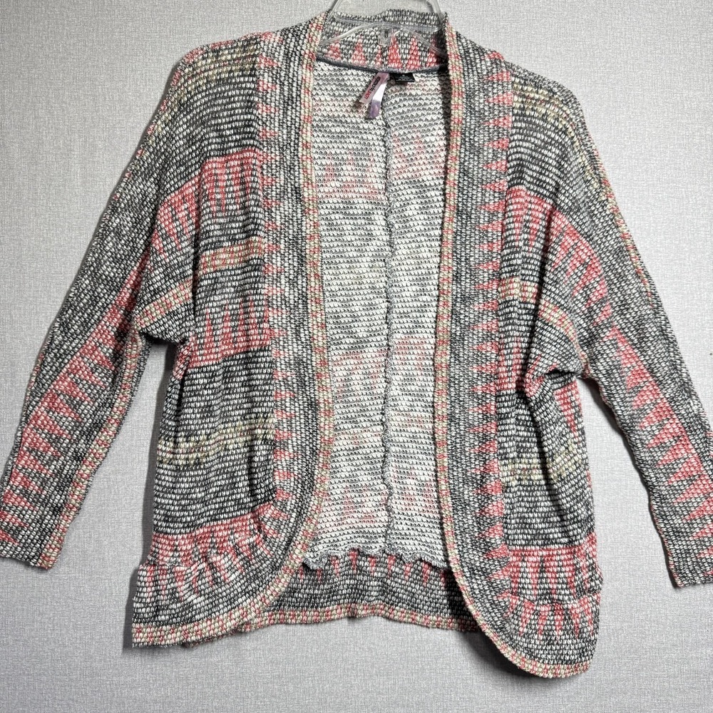Love By Design Cardigan Sweater Womens Small Gray Geometric Open Knit Waffle